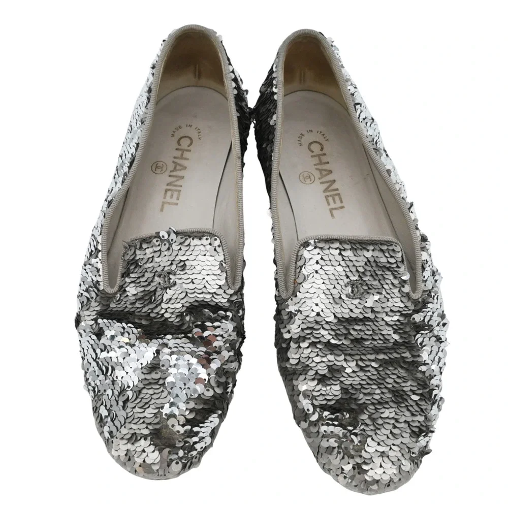 CHANEL Silver Sequin Loafers Estimated Size 7